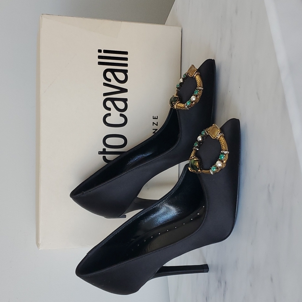 *SOLD* Roberto Cavalli Gemstone Snake Satin Pumps
